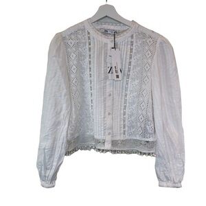 NEW Zara Long Sleeve Boho Crop Blouse White